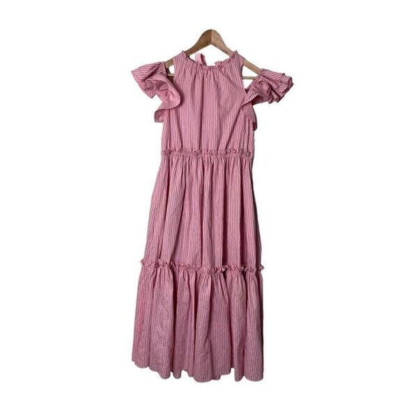 Cinq a Sept Pink Stripe Sofia Ruffle Midi Dress 2 0921 - Picture 2 of 8